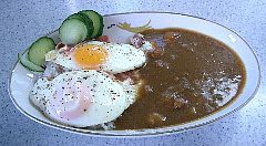 curry and rice with bacons and eggs