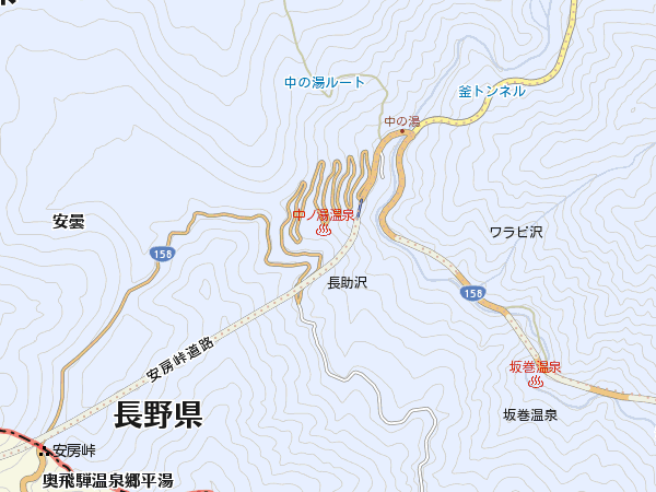 中の湯温泉(中ノ湯IC)付近にある『くねくねロード』の地図 Mapion