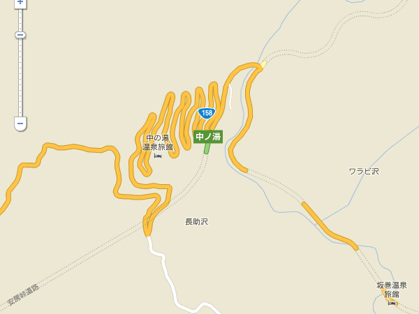 中の湯温泉(中ノ湯IC)付近にある『くねくねロード』の地図 Google マップ