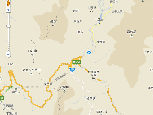 中の湯温泉(中ノ湯IC)付近にある『くねくねロード』の地図 Google マップ