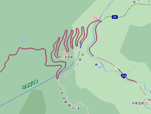 中の湯温泉(中ノ湯IC)付近にある『くねくねロード』の地図 MapFan Web（マップファン）