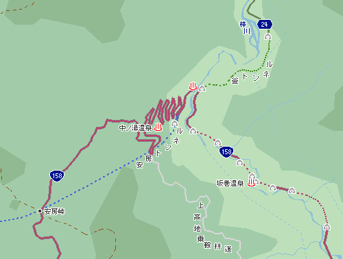 中の湯温泉(中ノ湯IC)付近にある『くねくねロード』の地図 MapFan Web（マップファン）