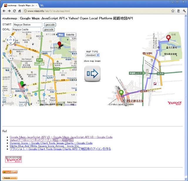 routemap : Google Maps JavaScript API x Yahoo! Open Local Platform 経路地図API