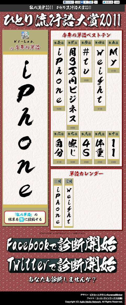 ひとり流行語大賞2011 - 2011年にFacebook,Twitterであなたが一番発言した単語を診断します