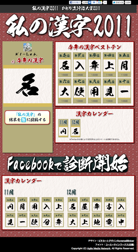 NI-Lab.の漢字2011 - 私の漢字2011 - 2011年にFacebook,Twitterであなたが一番発言した漢字を診断します