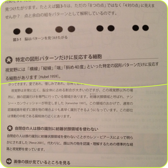 脳はパターンを見つけたがる。視覚野には「横戦」「端」「斜め40度」など特定の図形パターンに反応する細胞がある。自閉症の人は顔認識に紡錘状顔領域を使わない、通常の認識経路をショートカットできない。 - インタフェースデザインの心理学 ウェ… 脳はパターンを見つけたがる。視覚野には「横戦」「端」「斜め40度」など特定の図形パターンに反応する細胞がある。自閉症の人は顔認識に紡錘状顔領域を使わない、通常の認識経路をショートカットできない。 - インタフェースデザインの心理学 ウェ…