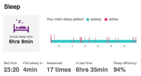fitbit one による昨夜の睡眠ログ。眠りに落ちるまで4分。ベッドで6時間35分。実質睡眠時間6時間9分。覚醒17回。睡眠効率94% fitbit one による昨夜の睡眠ログ。眠りに落ちるまで4分。ベッドで6時間35分。実質睡眠時間6時間9分。覚醒17回。睡眠効率94%