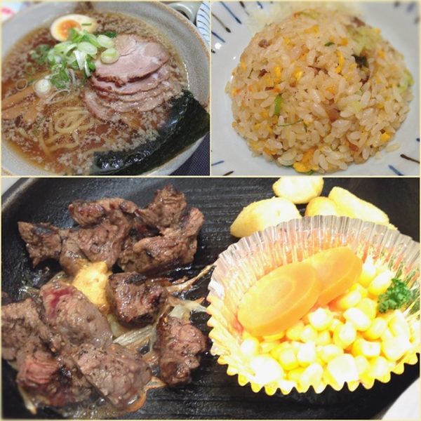 おひるごはんー。柿ポリフェノール入りラーメンとチャーハンとステーキ。 おひるごはんー。柿ポリフェノール入りラーメンとチャーハンとステーキ。