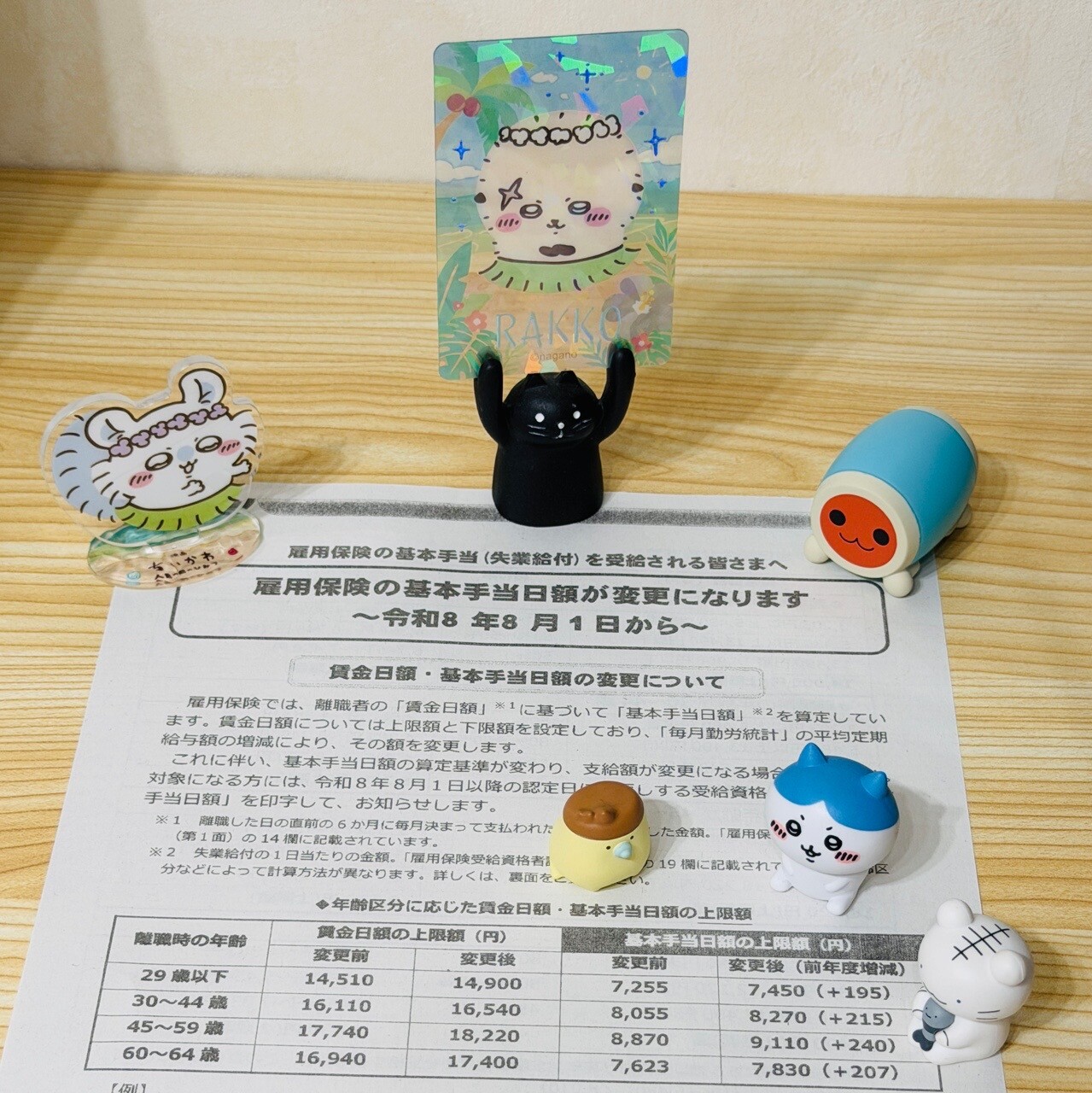 2026年8月1日から雇用保険の基本手当(失業給付)の日額が変更になっていて数百円程度上がっている。