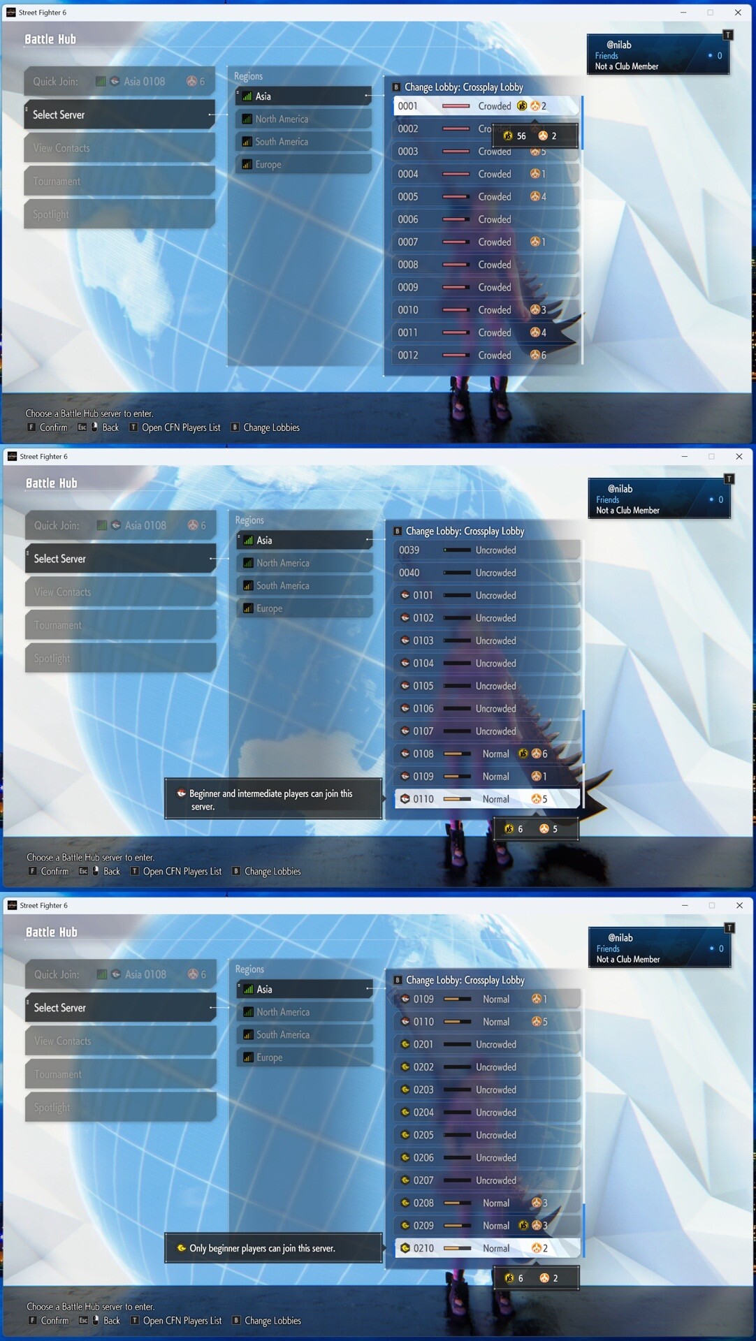 スト6の Battle Hub は通常サーバは混んでいるけど、初心者限定🐤や中級者限定🐔のサーバーはだいたいすいてる。通常サーバーは対戦すると強い人ばかりなので、ほぼ上級者なのかなと。