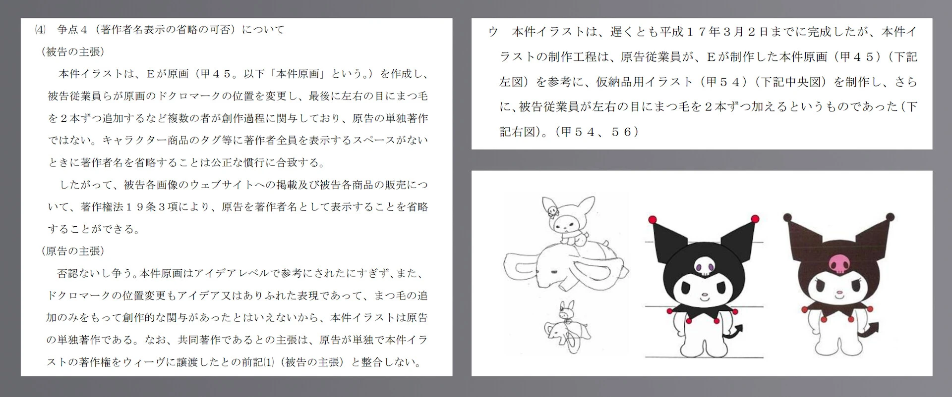 マイメロディ クロミ裁判。クロミと言うキャラクターができる過程が興味深いのだけど、Ｅが誰なのかわからなかった。

たぶんこういう流れ。
1. Ｅが原画(アイデアレベル)を作成 (左図: クロミが耳の大きな生き物に乗っている)
2. サンリオ従業員らが原画のドクロマークの位置を変更
3. スタジオコメットが仮納品用イラストを作成 (中央図: ほぼ現在のクロミっぽい)
4. サンリオ従業員らが左右の目にまつ毛を２本ずつ追加 (右図)

裁判例結果詳細 | 東京地方裁判所/東京簡裁以外の都内簡易裁判所
https://www.courts.go.jp/hanrei/97104/detail7/index.html

事件番号: 令和6(ワ)70396
事件名: 著作権侵害等差止請求事件
裁判年月日: 令和8年9月18日
裁判所名: 東京地方裁判所
権利種別: 著作権
訴訟類型: 民事訴訟

原告: 株式会社スタジオコメット
被告: 株式会社サンリオ

> 争点４（著作者名表示の省略の可否）について
> （被告の主張）
> 本件イラストは、Ｅが原画（甲４５。以下「本件原画」という。）を作成し、被告従業員らが原画のドクロマークの位置を変更し、最後に左右の目にまつ毛を２本ずつ追加するなど複数の者が創作過程に関与しており、原告の単独著作ではない。キャラクター商品のタグ等に著作者全員を表示するスペースがないときに著作者名を省略することは公正な慣行に合致する。したがって、被告各画像のウェブサイトへの掲載及び被告各商品の販売について、著作権法１９条３項により、原告を著作者名として表示することを省略することができる。
> （原告の主張）
> 否認ないし争う。本件原画はアイデアレベルで参考にされたにすぎず、また、ドクロマークの位置変更もアイデア又はありふれた表現であって、まつ毛の追加のみをもって創作的な関与があったとはいえないから、本件イラストは原告の単独著作である。なお、共同著作であるとの主張は、原告が単独で本件イラストの著作権をウィーヴに譲渡したとの前記⑴（被告の主張）と整合しない。

> 本件イラストは、遅くとも平成１７年３月２日までに完成したが、本件イラストの制作工程は、原告従業員が、Ｅが制作した本件原画（甲４５）（下記左図）を参考に、仮納品用イラスト（甲５４）（下記中央図）を制作し、さらに、被告従業員が左右の目にまつ毛を２本ずつ加えるというものであった（下記右図）。（甲５４、５６）