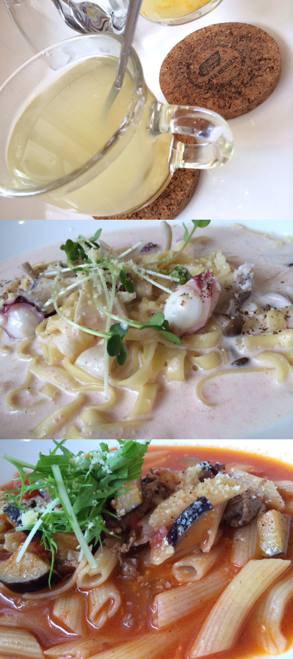 タコとキノコのクリームソースパスタ, 和牛と茄子のトマトソースペンネ, ゆず茶 at Cafe BERGEN タコとキノコのクリームソースパスタ, 和牛と茄子のトマトソースペンネ, ゆず茶 at Cafe BERGEN