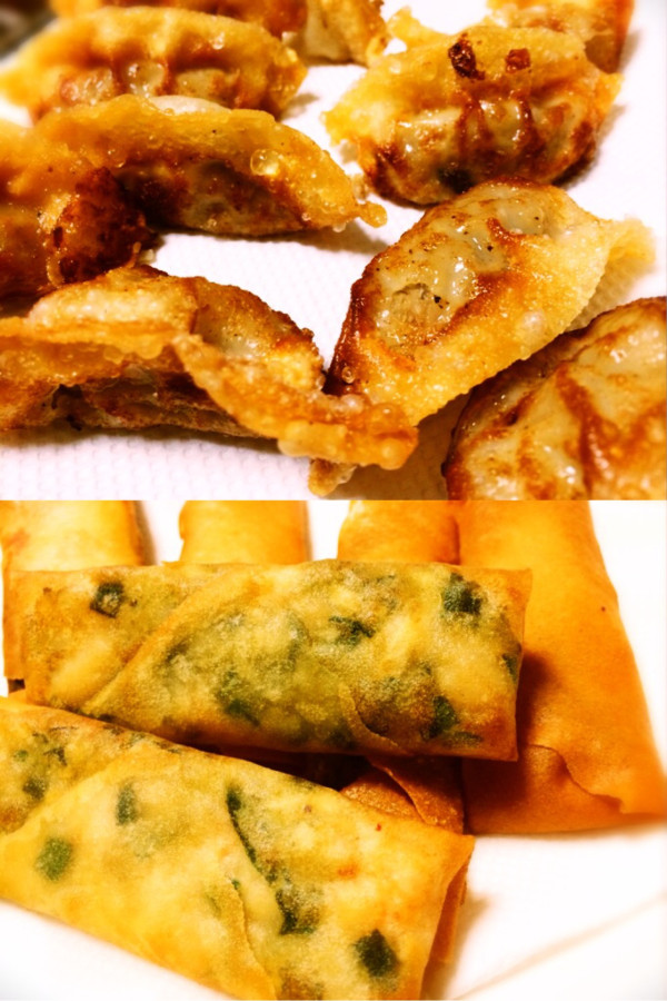 チルド焼き餃子を揚げ餃子にしてみたり。あと、海鮮春巻。 チルド焼き餃子を揚げ餃子にしてみたり。あと、海鮮春巻。
