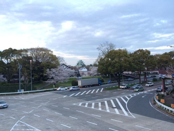 夕方。桜の木の奥に、名古屋城が見える。歩道橋からの写真。