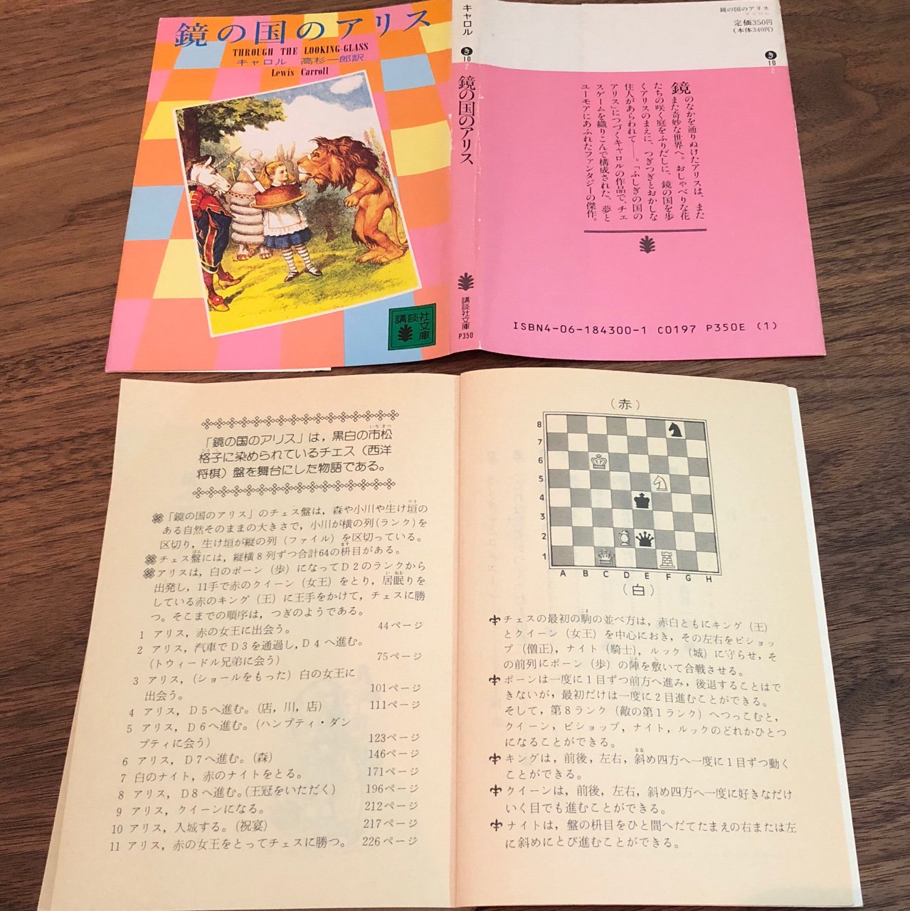 「「鏡の国のアリス」は、黒白の市松格子に染められているチェス (西洋将棋) 盤を舞台にした物語である」 「アリスは、白のポーン (歩) になってD2のランクから出発し、11手で赤のクイーン (女王) をとり、居眠りをしている赤のキング (王) に王手をかけて、チェスに勝つ」 「「鏡の国のアリス」は、黒白の市松格子に染められているチェス (西洋将棋) 盤を舞台にした物語である」 「アリスは、白のポーン (歩) になってD2のランクから出発し、11手で赤のクイーン (女王) をとり、居眠りをしている赤のキング (王) に王手をかけて、チェスに勝つ」