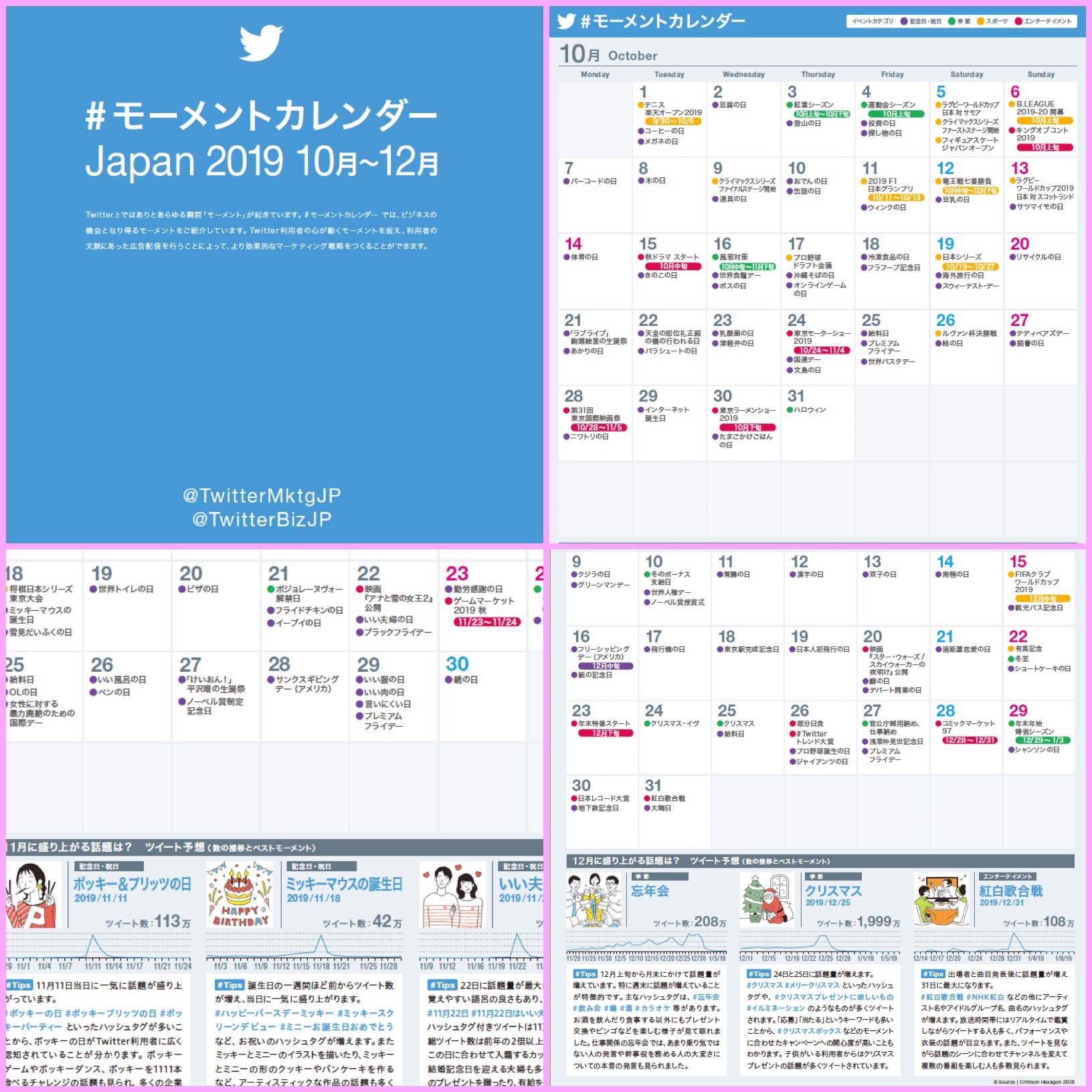 Twitter #モーメントカレンダー 2019 10月-12月分。これは普通に印刷して壁に貼っておいてカレンダーとして使ってもいい出来なのでは。 Twitter #モーメントカレンダー 2019 10月-12月分。これは普通に印刷して壁に貼っておいてカレンダーとして使ってもいい出来なのでは。