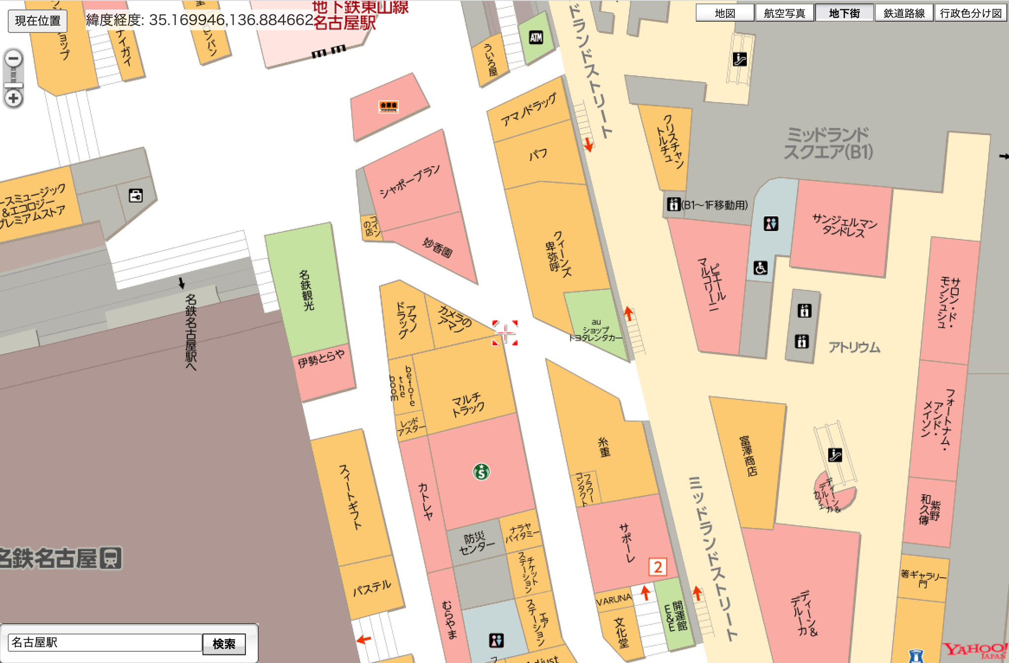 地下街地図。お店ごとにテキストが斜めに入っていたり。 地下街地図。お店ごとにテキストが斜めに入っていたり。
