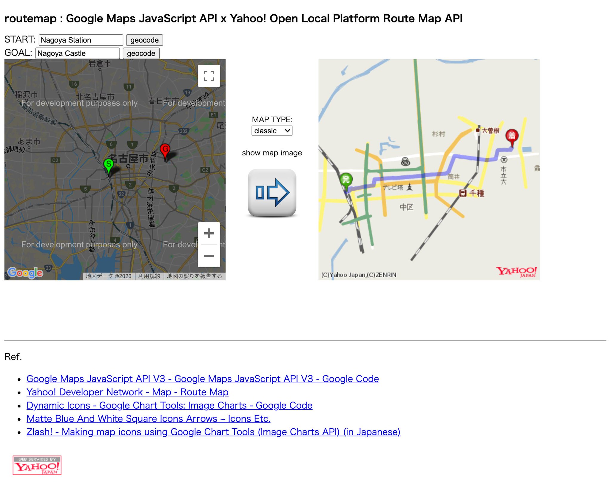 routemap : Google Maps JavaScript API x Yahoo! Open Local Platform Route Map API routemap : Google Maps JavaScript API x Yahoo! Open Local Platform Route Map API
