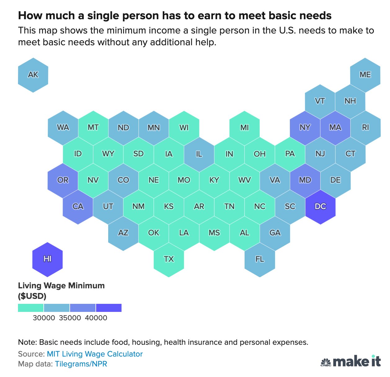 アメリカの州が戦略ゲームみたいなヘックス表現。 Income a single person needs to get by in every US state アメリカの州が戦略ゲームみたいなヘックス表現。 Income a single person needs to get by in every US state