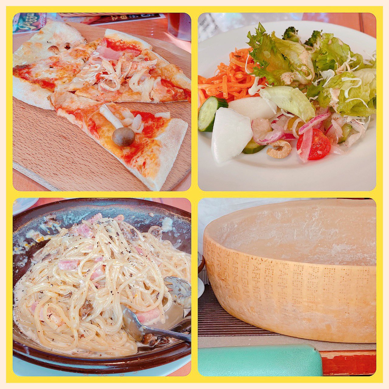 I had pizza, spaghetti and salad for lunch in the Pizzeria Marino. I had pizza, spaghetti and salad for lunch in the Pizzeria Marino.