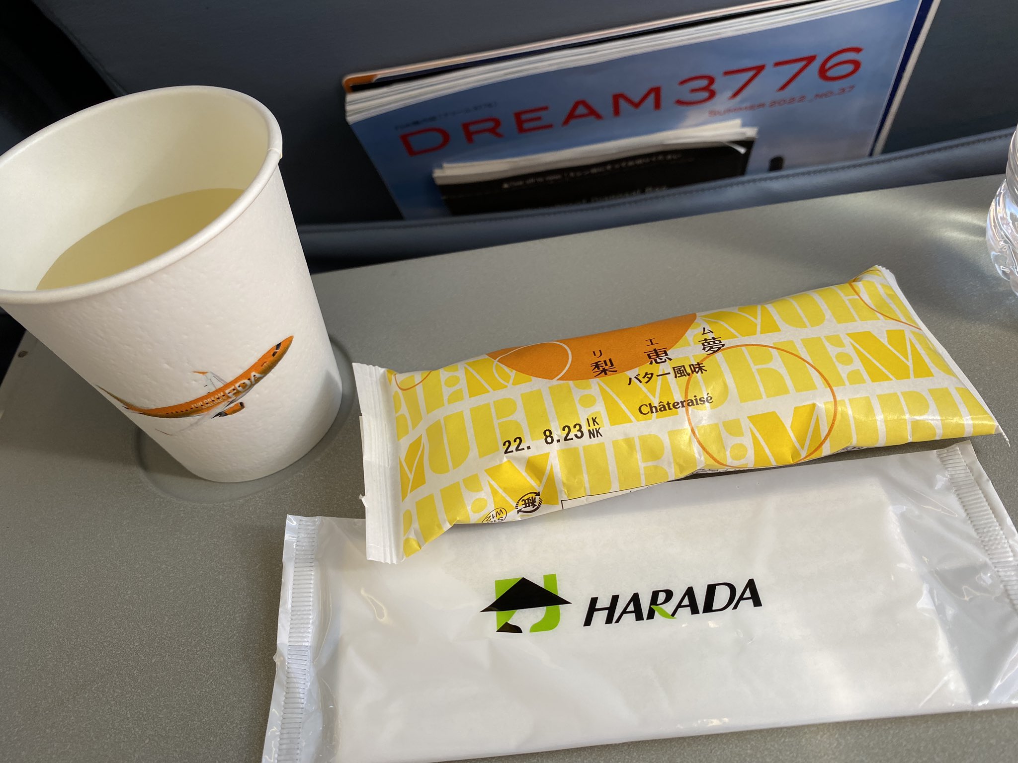 機内では飲み物とシャトレーゼのリエム(梨恵夢)がふるまわれる。 機内では飲み物とシャトレーゼのリエム(梨恵夢)がふるまわれる。