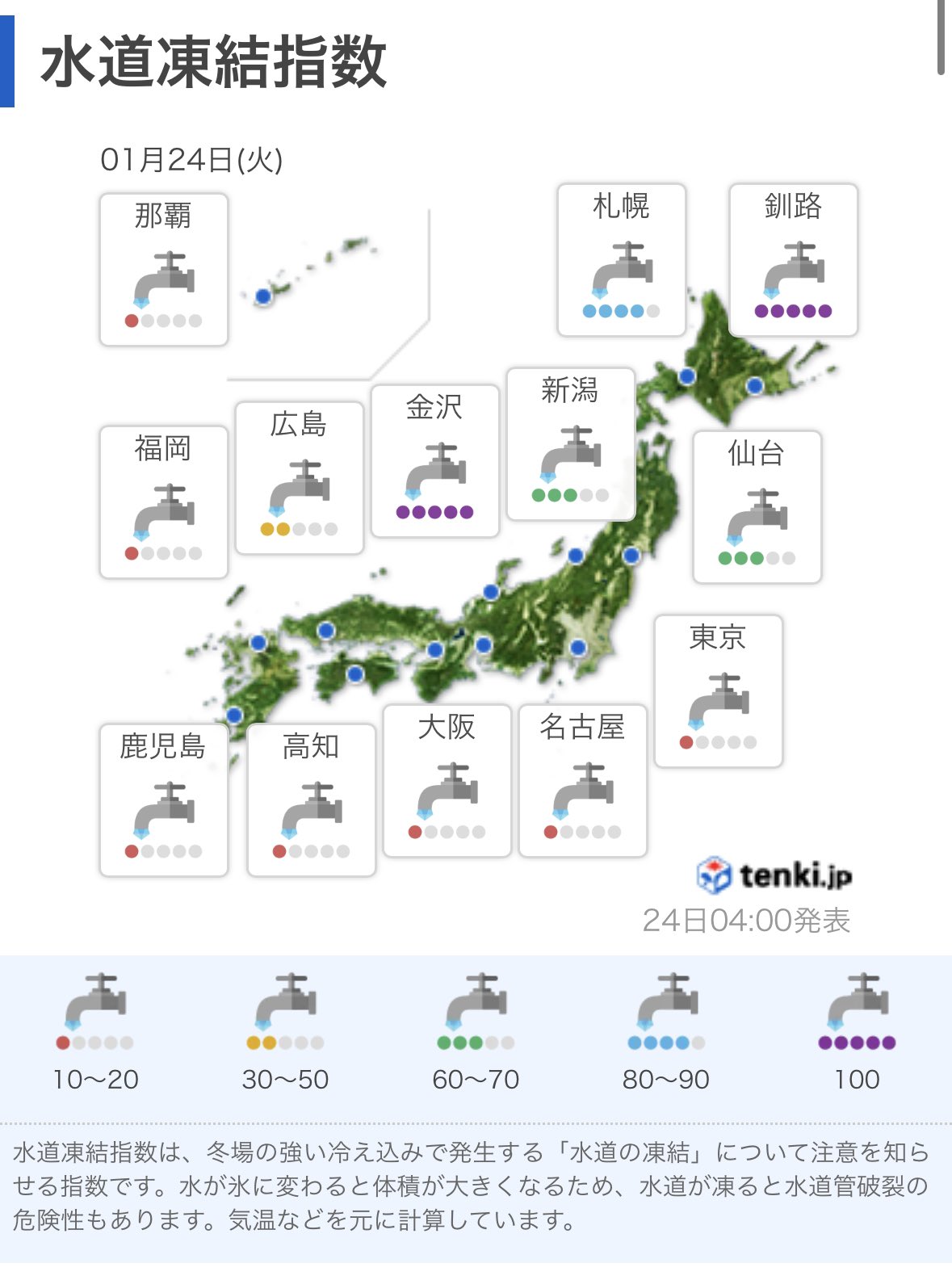 「水道凍結指数は、冬場の強い冷え込みで発生する「水道の凍結」について注意を知らせる指数です。水が氷に変わると体積が大きくなるため、水道が凍ると水道管破裂の危険性もあります。気温などを元に計算しています」 水道凍結指数 - 日本気象協会 tenki jp 「水道凍結指数は、冬場の強い冷え込みで発生する「水道の凍結」について注意を知らせる指数です。水が氷に変わると体積が大きくなるため、水道が凍ると水道管破裂の危険性もあります。気温などを元に計算しています」 水道凍結指数 - 日本気象協会 tenki jp