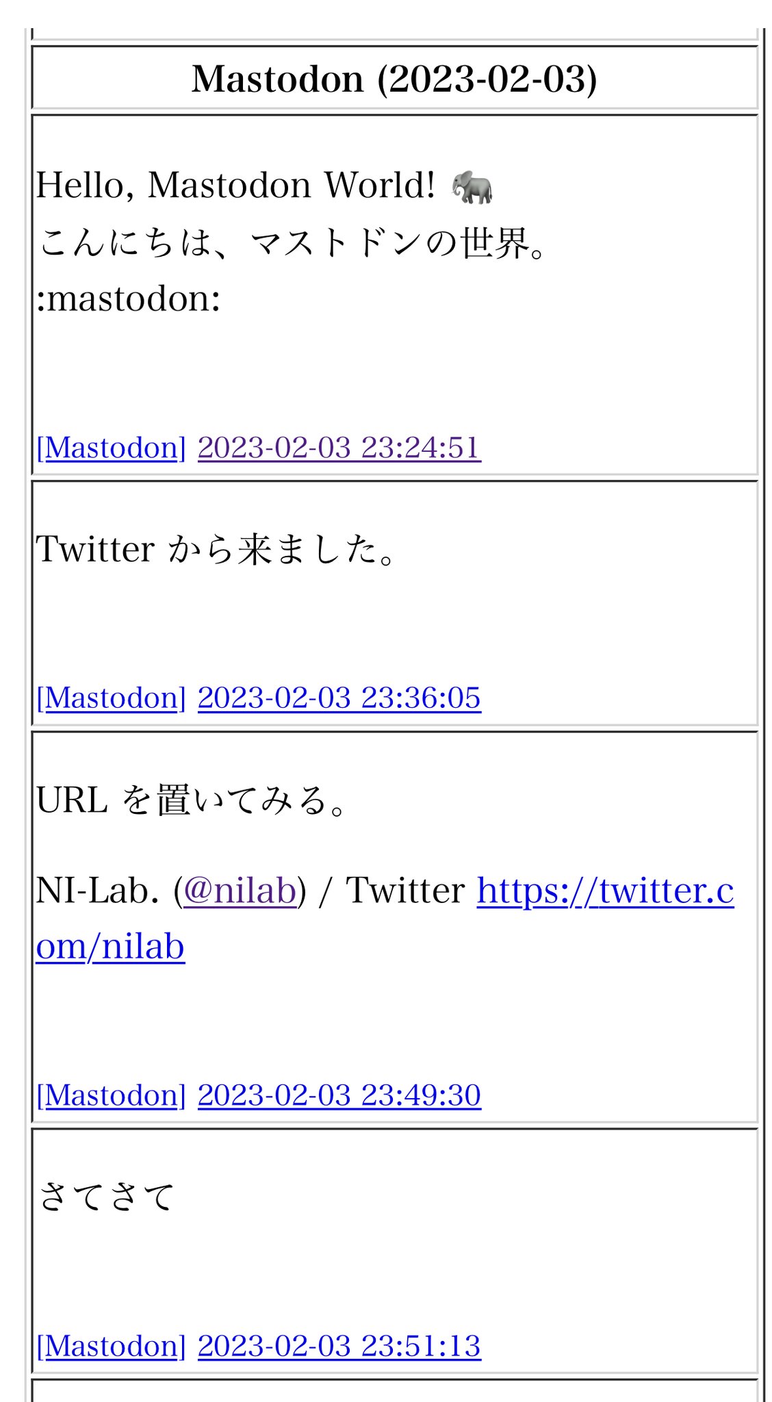Mastodon の自分のトゥートを、Webサイトに表示するところまでできた。画像の取り込みとかまだいろいろできていないのだけどとりあえず。  nilog: 無いログは振れない。 : 2023-02-03  
