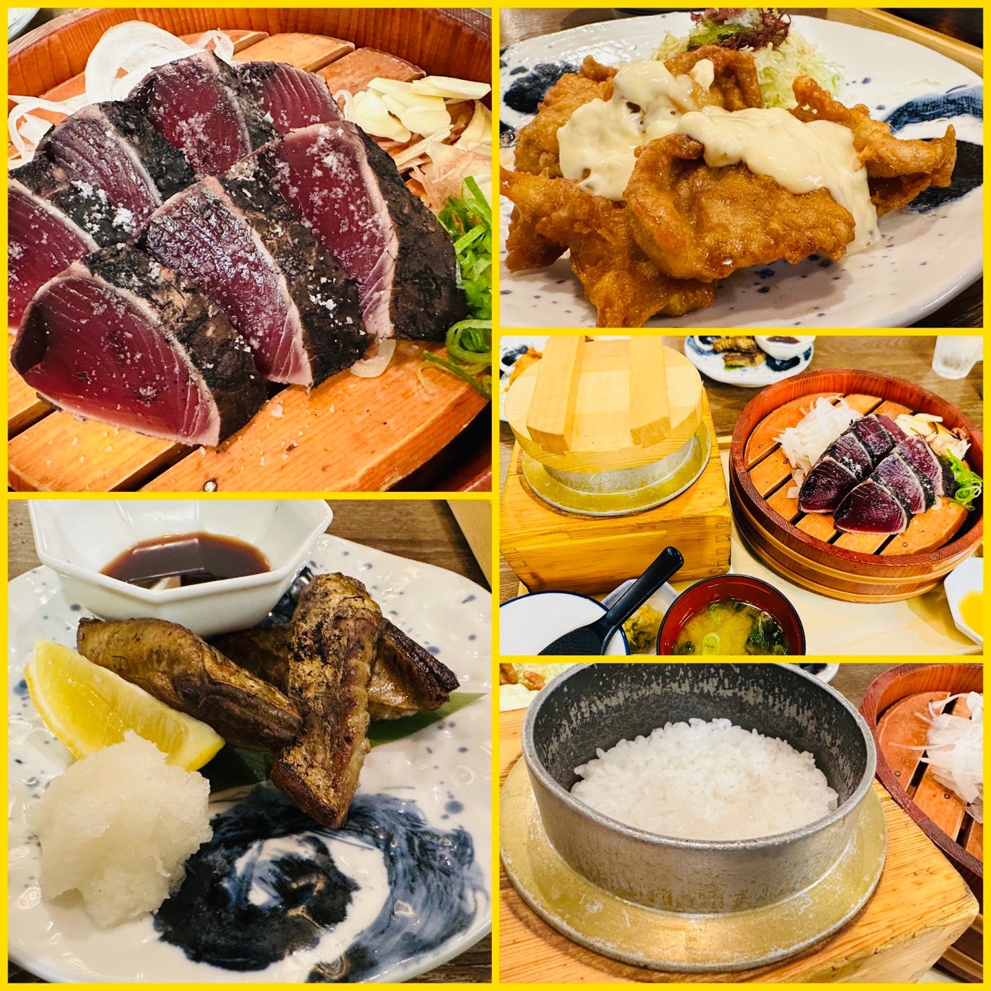 わら焼き鰹の塩たたき。鰹はらんぼ わら焼き。チキン南蛮。釜炊きご飯。 (@ 土佐わら焼き 龍神丸 in 一宮市, 愛知県) わら焼き鰹の塩たたき。鰹はらんぼ わら焼き。チキン南蛮。釜炊きご飯。 (@ 土佐わら焼き 龍神丸 in 一宮市, 愛知県)