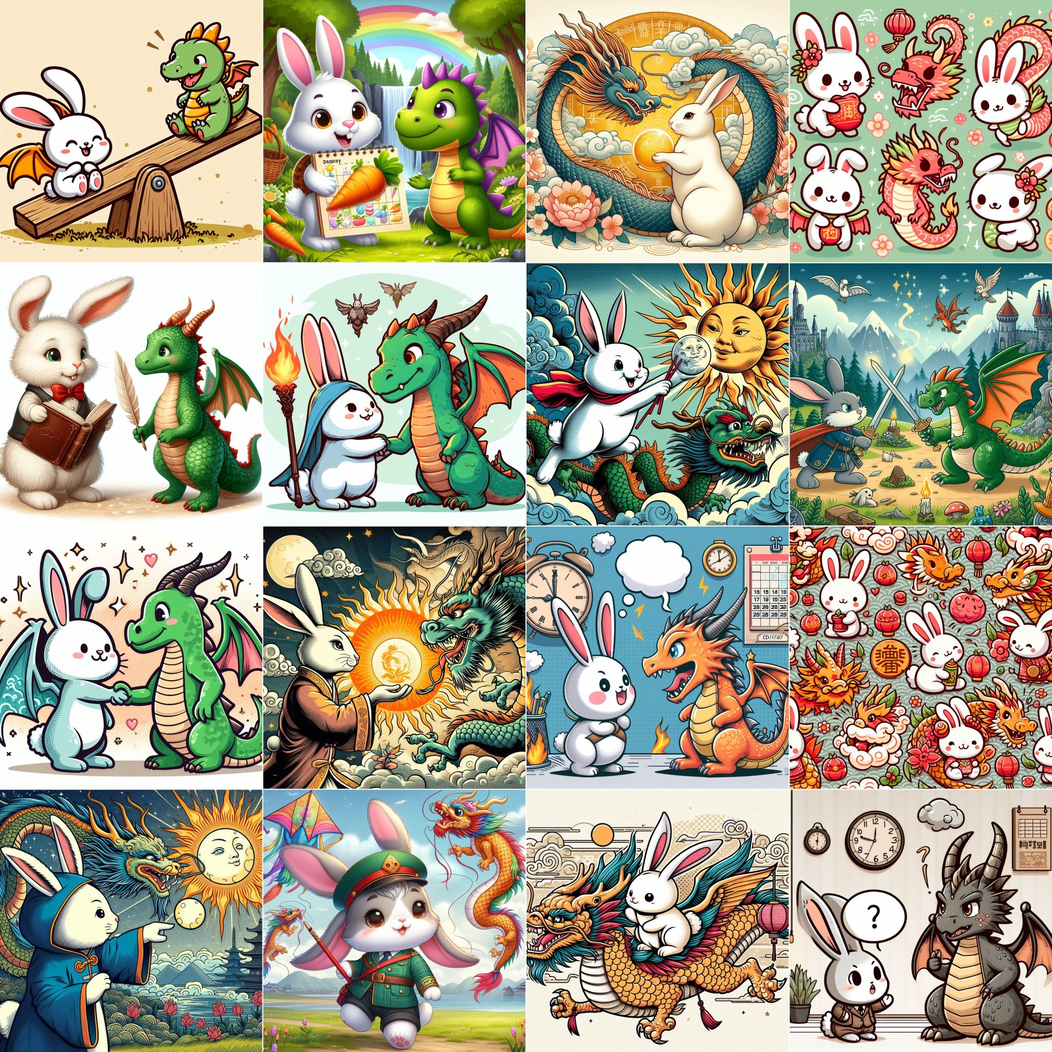 干支が卯年から辰年へ交代する感じの画像を作ってみようと思って、 Microsoft Bing Designer Image Creator で画像をいくつか生成してみた。 干支が卯年から辰年へ交代する感じの画像を作ってみようと思って、 Microsoft Bing Designer Image Creator で画像をいくつか生成してみた。