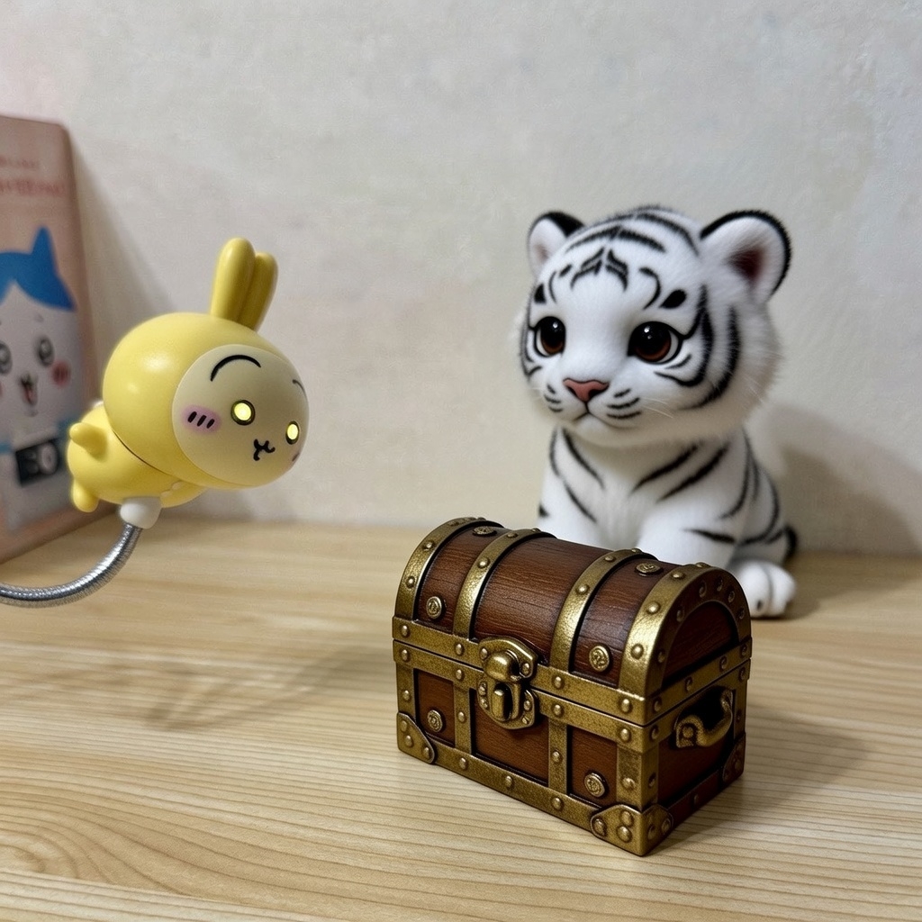 Grokへの指示「ハチワレをかわいいホワイトタイガーの赤ちゃんに置き換えて。タイノレールAを宝箱に置き換えて。」 