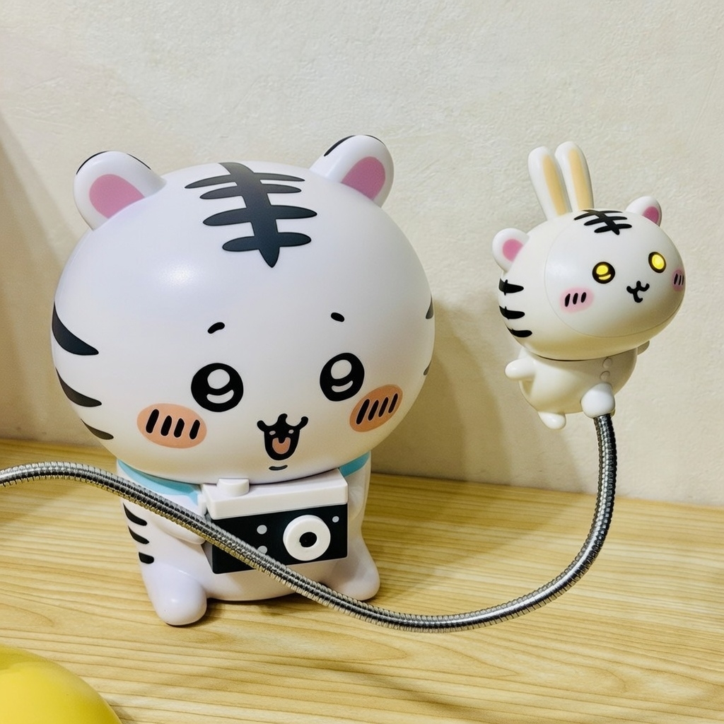 Grokへの指示「ハチワレをかわいいホワイトタイガーの赤ちゃんにして、カメラなど持ち物はそのままで。うさぎを目が光っているホワイトタイガーの赤ちゃんにして。」 