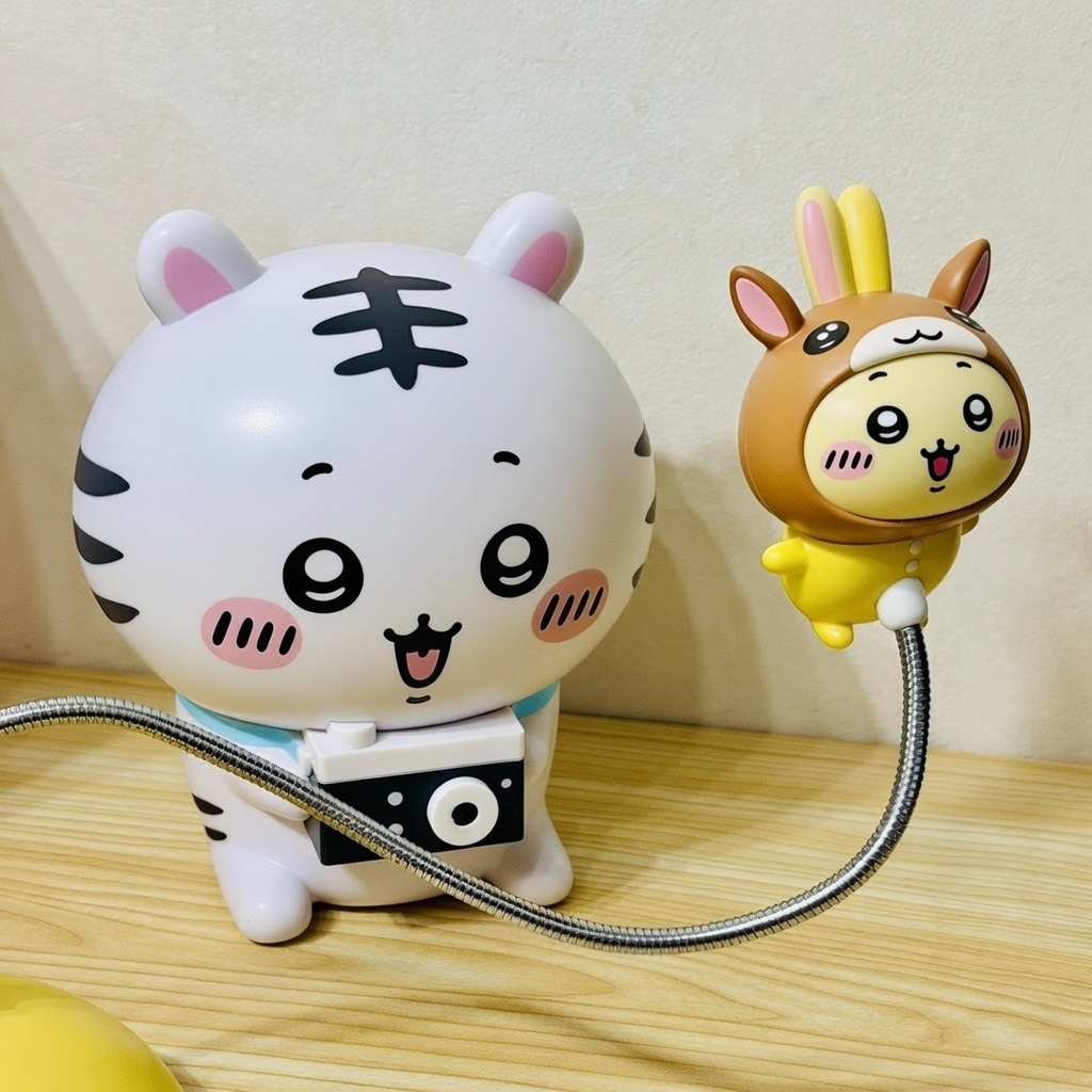 Grokへの指示「ハチワレをかわいいホワイトタイガーの赤ちゃんにして、カメラなど持ち物はそのままで。うさぎは耳の形を残せるような馬の被り物を頭にかぶって。うさぎの顔はそのままみえるように。」 