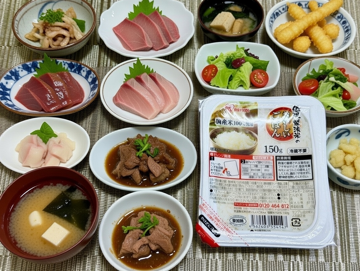 有料会員じゃないけどGrokによる画像編集できてる。。。  Grokへの指示「レンチンご飯はそのままで、とても豪華なおかずをたくさん周りに揃えて。」 