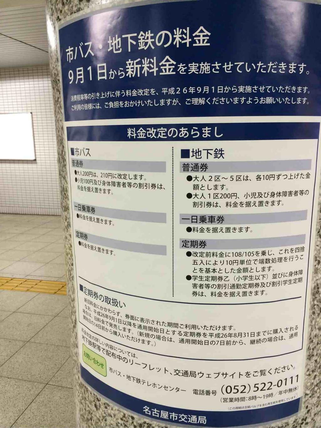 名古屋市、地下鉄・市バスの料金が9月1日から値上げ。 名古屋市、地下鉄・市バスの料金が9月1日から値上げ。