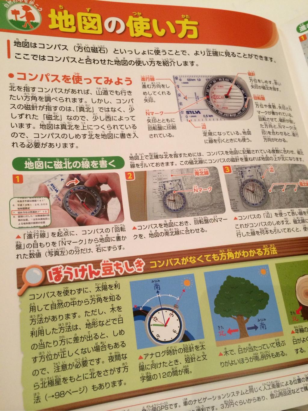地図とコンパス(方位磁石)を合わせて使う。地図に磁北線を引く。アナログ時計の短針を太陽に向けたとき、短針と文字盤の12の間が南。 ぼうけん図鑑 / ホールアース自然学校 地図とコンパス(方位磁石)を合わせて使う。地図に磁北線を引く。アナログ時計の短針を太陽に向けたとき、短針と文字盤の12の間が南。 ぼうけん図鑑 / ホールアース自然学校