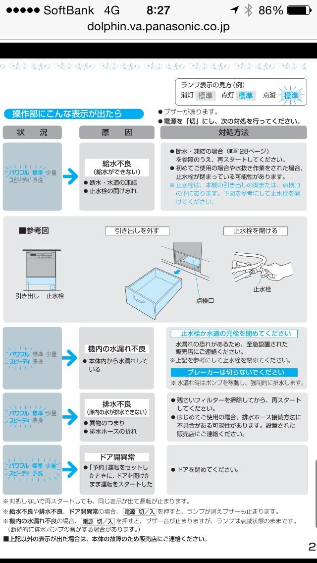 食洗機 パナソニック NP-P45V2PS でピーピーと音が鳴って「パワフル」「スピーディ」が点滅。<br />「機内の水漏れ不良」なので水道の元栓か止水栓を閉めたほうがいいらしい。