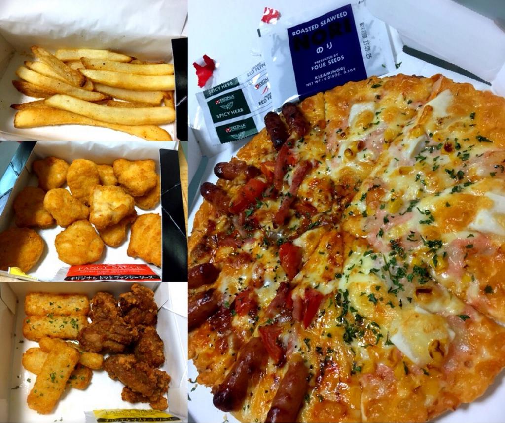おひるごはんにピザーラ。10円コンソメポテト、チキンナゲット、竜田ミックス、ソーセージと厚切りベーコンのミートソースピザ、もち明太子ピザ。 おひるごはんにピザーラ。10円コンソメポテト、チキンナゲット、竜田ミックス、ソーセージと厚切りベーコンのミートソースピザ、もち明太子ピザ。