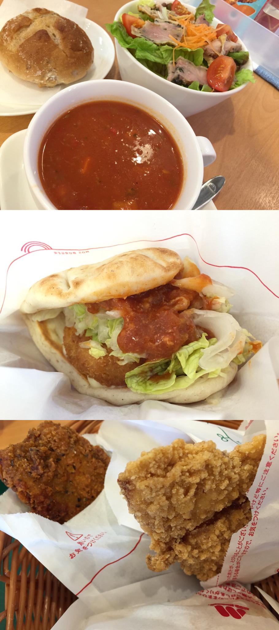 モスバーガー。海のフォカッチャ 海老カツフォカッチャ 蟹のスイートチリソース、タコと野菜のトマトクリームスープ、ごちそうサラダ「ハーブチキンとにんじん」ライ麦パン付き (さっぱり和風ドレッシング)、モスチキン、和風チキン (黒胡椒味) モスバーガー。海のフォカッチャ 海老カツフォカッチャ 蟹のスイートチリソース、タコと野菜のトマトクリームスープ、ごちそうサラダ「ハーブチキンとにんじん」ライ麦パン付き (さっぱり和風ドレッシング)、モスチキン、和風チキン (黒胡椒味)