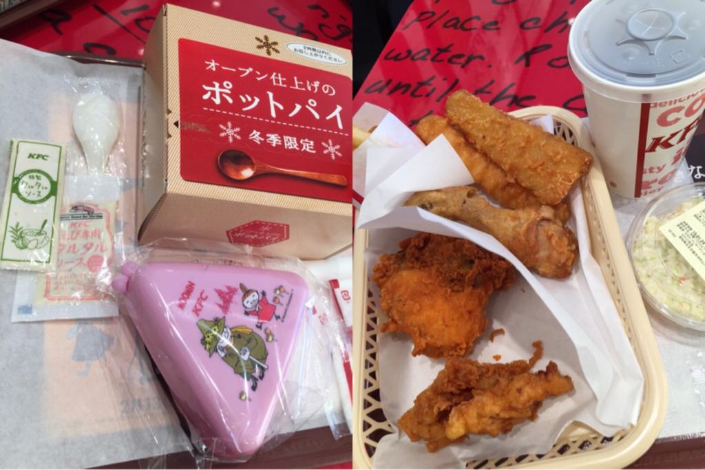 ケンタッキーフライドチキン。天然えび100% えびぷりフライ、フライドフィッシュ、レッドホットチキン、チキンクリームポットパイ、ムーミンおにぎりケース。 ケンタッキーフライドチキン。天然えび100% えびぷりフライ、フライドフィッシュ、レッドホットチキン、チキンクリームポットパイ、ムーミンおにぎりケース。