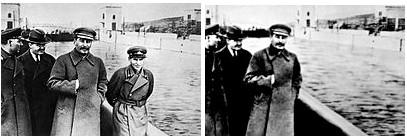「失脚前の写真(左)には写っているエジョフが失脚後に公開された写真(右)では修正され、消されている。エジョフの存在自体がソ連の記録から抹殺」 ニコライ・エジョフ - Wikipedia 「失脚前の写真(左)には写っているエジョフが失脚後に公開された写真(右)では修正され、消されている。エジョフの存在自体がソ連の記録から抹殺」 ニコライ・エジョフ - Wikipedia