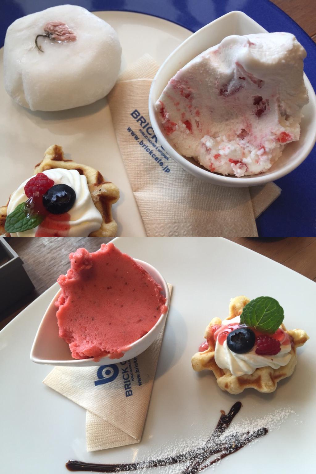 ブリックカフェにて、デザート。SAKURA大福(桜餡とイチゴが入ってる)、苺レアチーズジェラート、イチゴジェラート、ワッフル。 (@ BRICK CAFE) ブリックカフェにて、デザート。SAKURA大福(桜餡とイチゴが入ってる)、苺レアチーズジェラート、イチゴジェラート、ワッフル。 (@ BRICK CAFE)