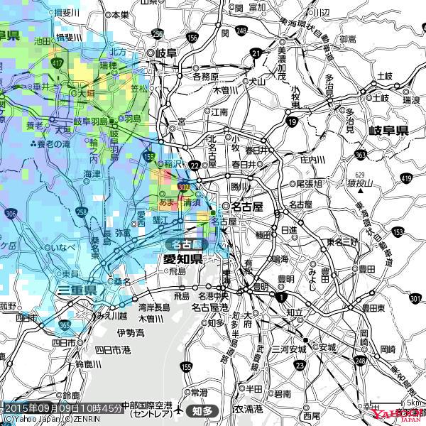 名古屋の天気(雨): やや強い雨 降水強度: 14.50(mm/h) 2015年09月09日 10時45分の雨雲 #雨雲bot #bot 名古屋の天気(雨): やや強い雨 降水強度: 14.50(mm/h) 2015年09月09日 10時45分の雨雲 #雨雲bot #bot