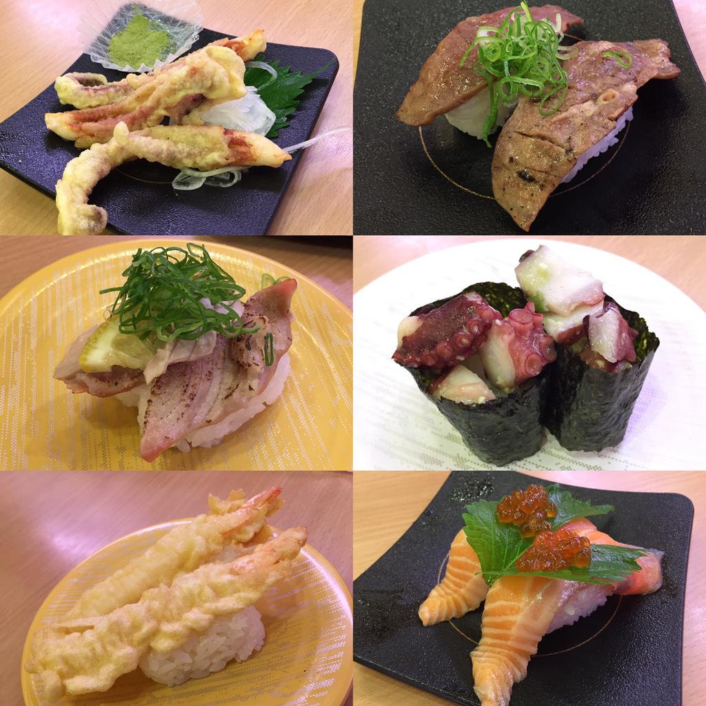 げそ天盛り、牛たん握り、ステーキ風まぐろ塩炙り、ぶつ切りたこ刻みわさび和え、海老天握り、生サーモンいくらのせ。 (@ かっぱ寿司 小牧店 in 小牧市, 愛知県) げそ天盛り、牛たん握り、ステーキ風まぐろ塩炙り、ぶつ切りたこ刻みわさび和え、海老天握り、生サーモンいくらのせ。 (@ かっぱ寿司 小牧店 in 小牧市, 愛知県)