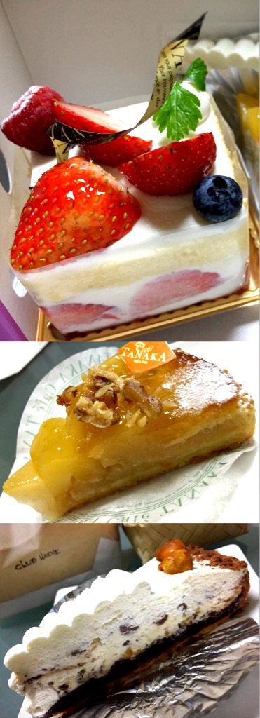 Cafe TANAKA のケーキ。フレーズ・フランボワーズ、林檎のタルト、チョコ・チーズケーキ レーズン入り。 Cafe TANAKA のケーキ。フレーズ・フランボワーズ、林檎のタルト、チョコ・チーズケーキ レーズン入り。