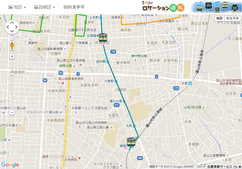 とみコンロケーション情報。市電・バスにGPS搭載してるよう。 「ダイヤの乱れ等の理由により、表示されている市電やバスの位置および行先は、実際の位置および行先と異なる場合があります」 とみコンロケーション情報。市電・バスにGPS搭載してるよう。 「ダイヤの乱れ等の理由により、表示されている市電やバスの位置および行先は、実際の位置および行先と異なる場合があります」