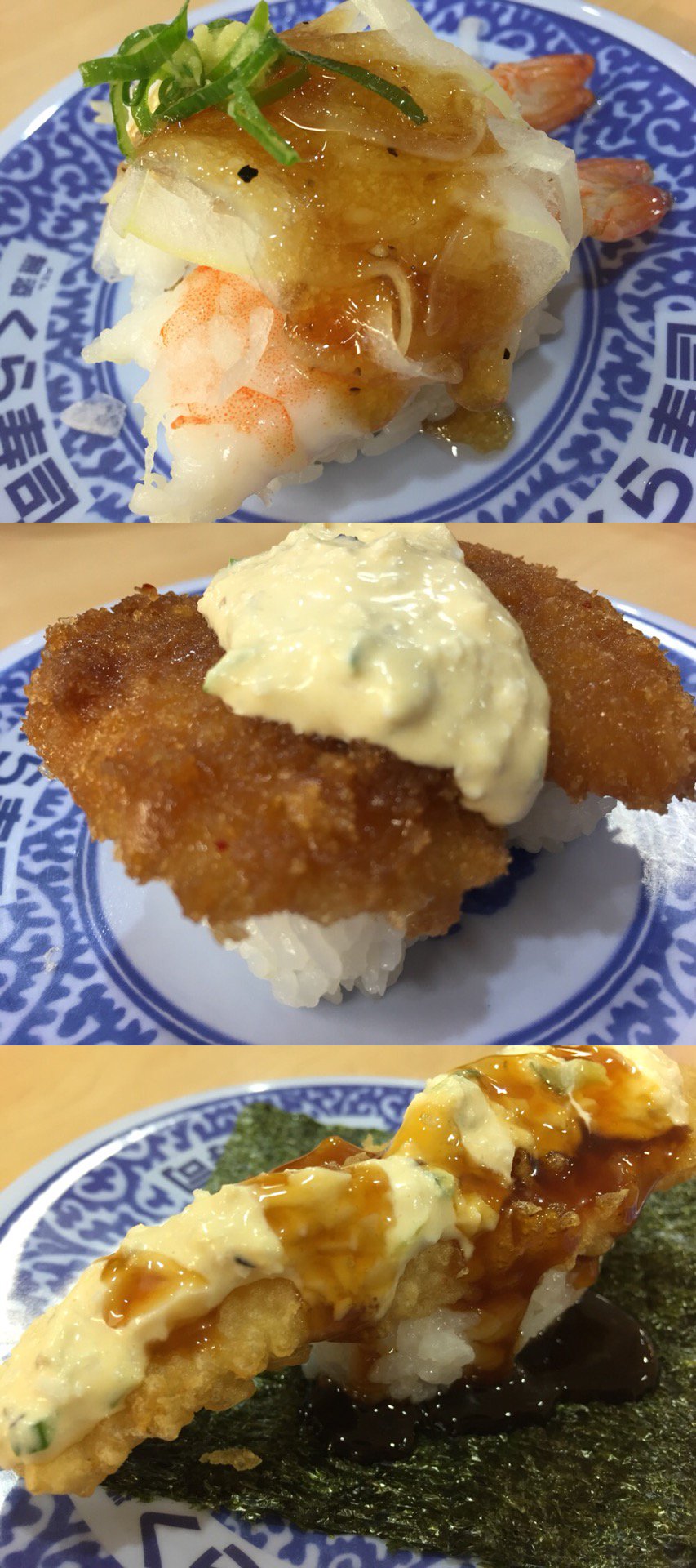 石澤ドレッシングと石澤タルタルソースを使った寿司。えび、チキン南蛮カツ、いか天南蛮手巻き。 (@ くら寿司 小牧店 in 小牧市, 愛知県) 石澤ドレッシングと石澤タルタルソースを使った寿司。えび、チキン南蛮カツ、いか天南蛮手巻き。 (@ くら寿司 小牧店 in 小牧市, 愛知県)
