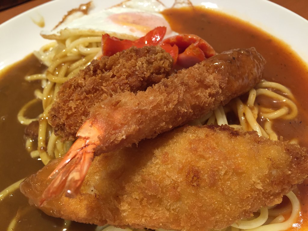 冬限定 スペシャルバイキング (エビフライとカキフライのトッピング) あんかけソース マイルドスパイシーとカレーソースのWソースかけ (@ パスタ・デ・ココ 小牧常普請店) 冬限定 スペシャルバイキング (エビフライとカキフライのトッピング) あんかけソース マイルドスパイシーとカレーソースのWソースかけ (@ パスタ・デ・ココ 小牧常普請店)