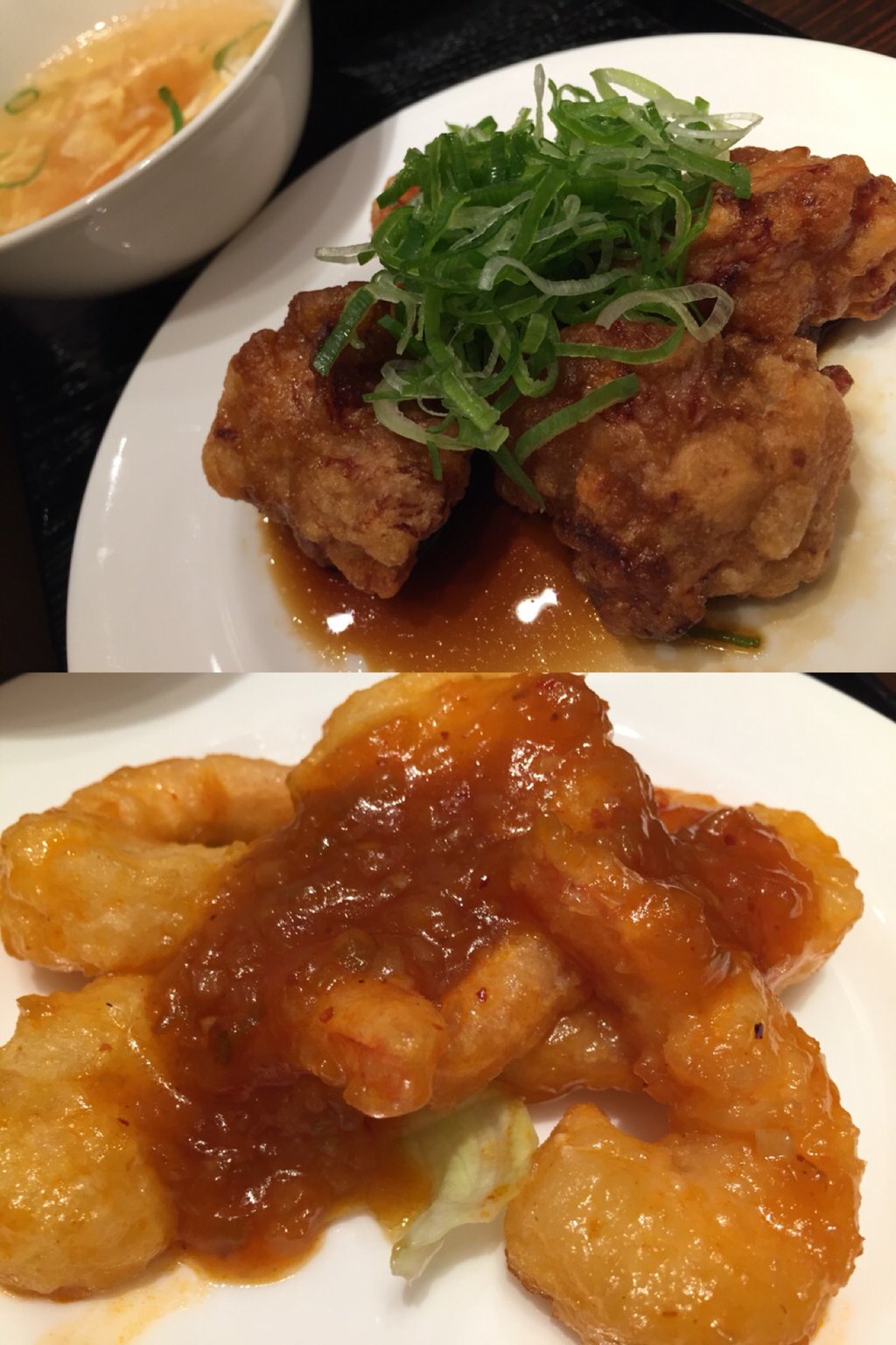 若鶏の塩麹から揚げポン酢ソース & ぷりぷり海老のチリソース (@ 石焼炒飯店) 若鶏の塩麹から揚げポン酢ソース & ぷりぷり海老のチリソース (@ 石焼炒飯店)
