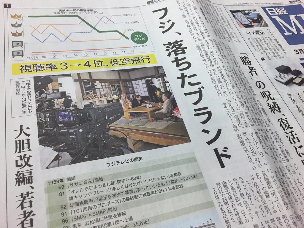 フジ、落ちたブランド。民放キー局の視聴率順位で4位に。今後も若者狙いでいくのか。 日経MJ 2016年3月16日 フジ、落ちたブランド。民放キー局の視聴率順位で4位に。今後も若者狙いでいくのか。 日経MJ 2016年3月16日
