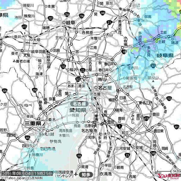 名古屋の天気(雨) 降水強度: 0.45(mm/h)  2016年08月04日 19時25分の雨雲  #雨雲bot #bot 